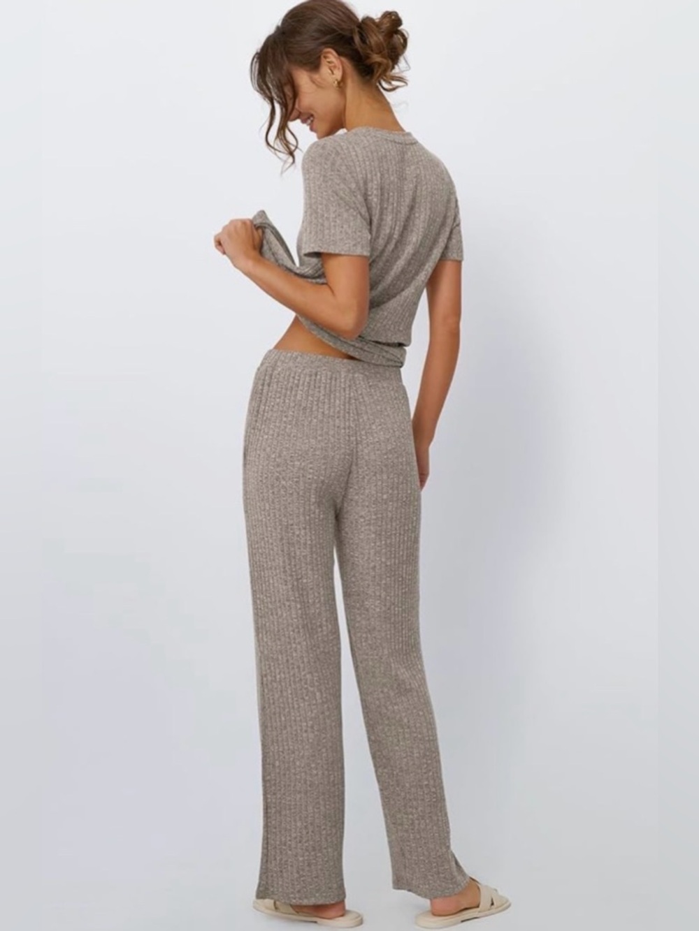 Soft Ribbed Lounge Set 2 Piece Matching Set Comfy Outfit Relaxed Fit Khaki - Picture 3 of 5